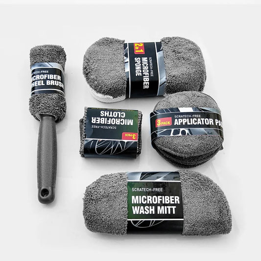 Auto Reinigungsset 9-teilig – Premium Waschhandschuhe, Mikrofasertücher & Felgenpinsel