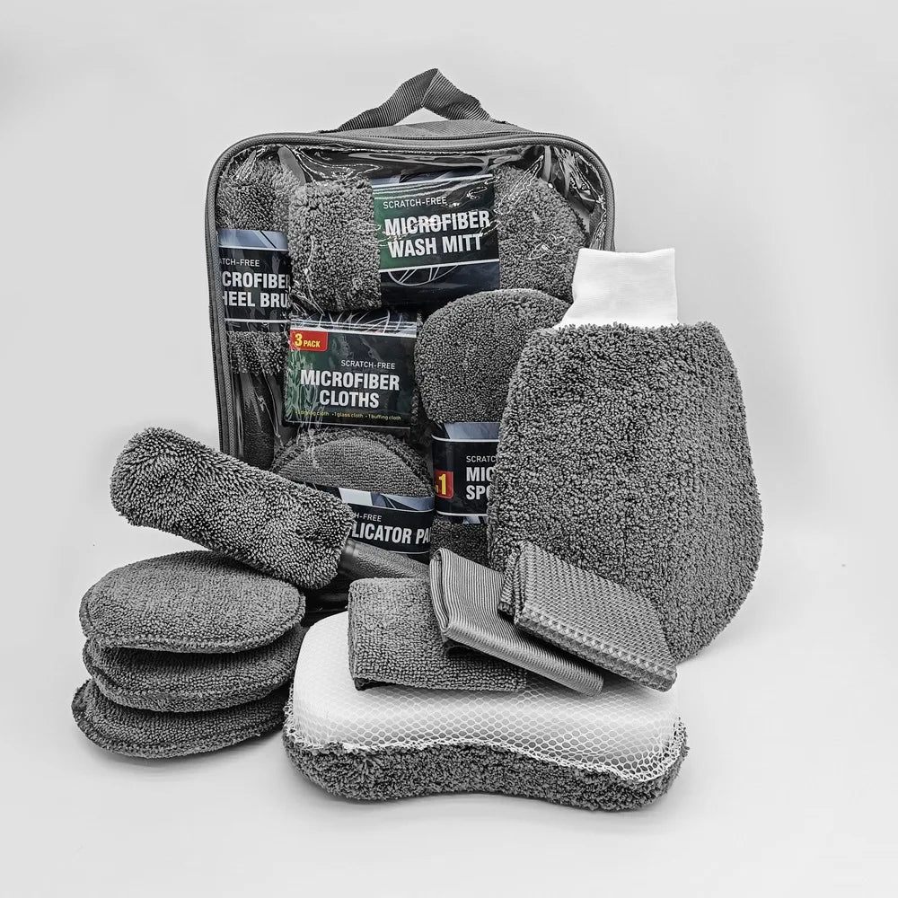 Auto Reinigungsset 9-teilig – Premium Waschhandschuhe, Mikrofasertücher & Felgenpinsel