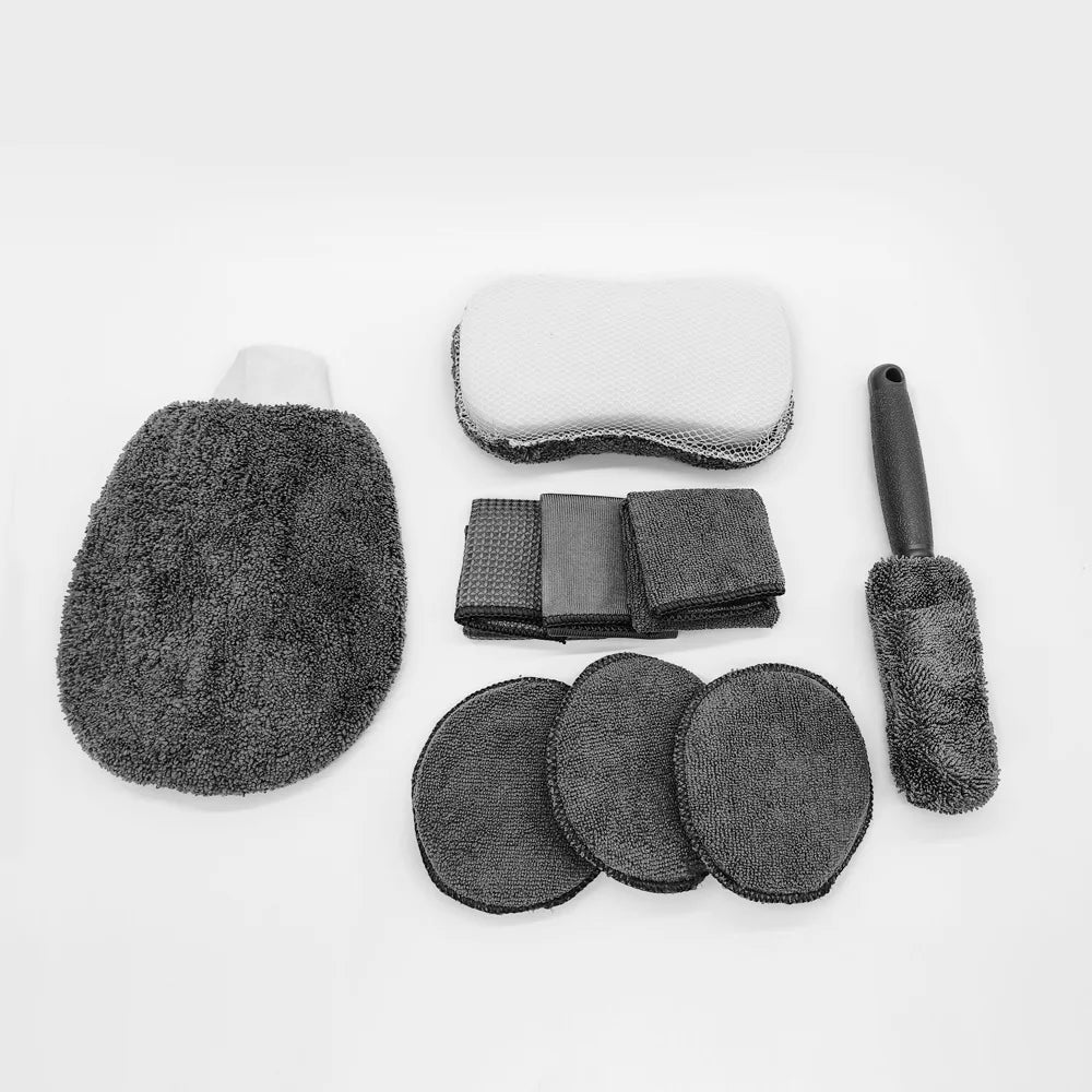 Auto Reinigungsset 9-teilig – Premium Waschhandschuhe, Mikrofasertücher & Felgenpinsel