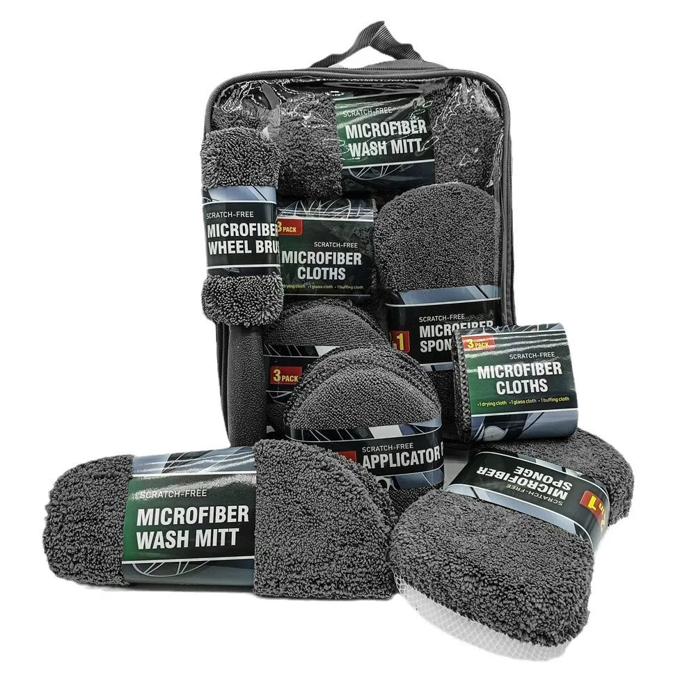 Auto Reinigungsset 9-teilig – Premium Waschhandschuhe, Mikrofasertücher & Felgenpinsel